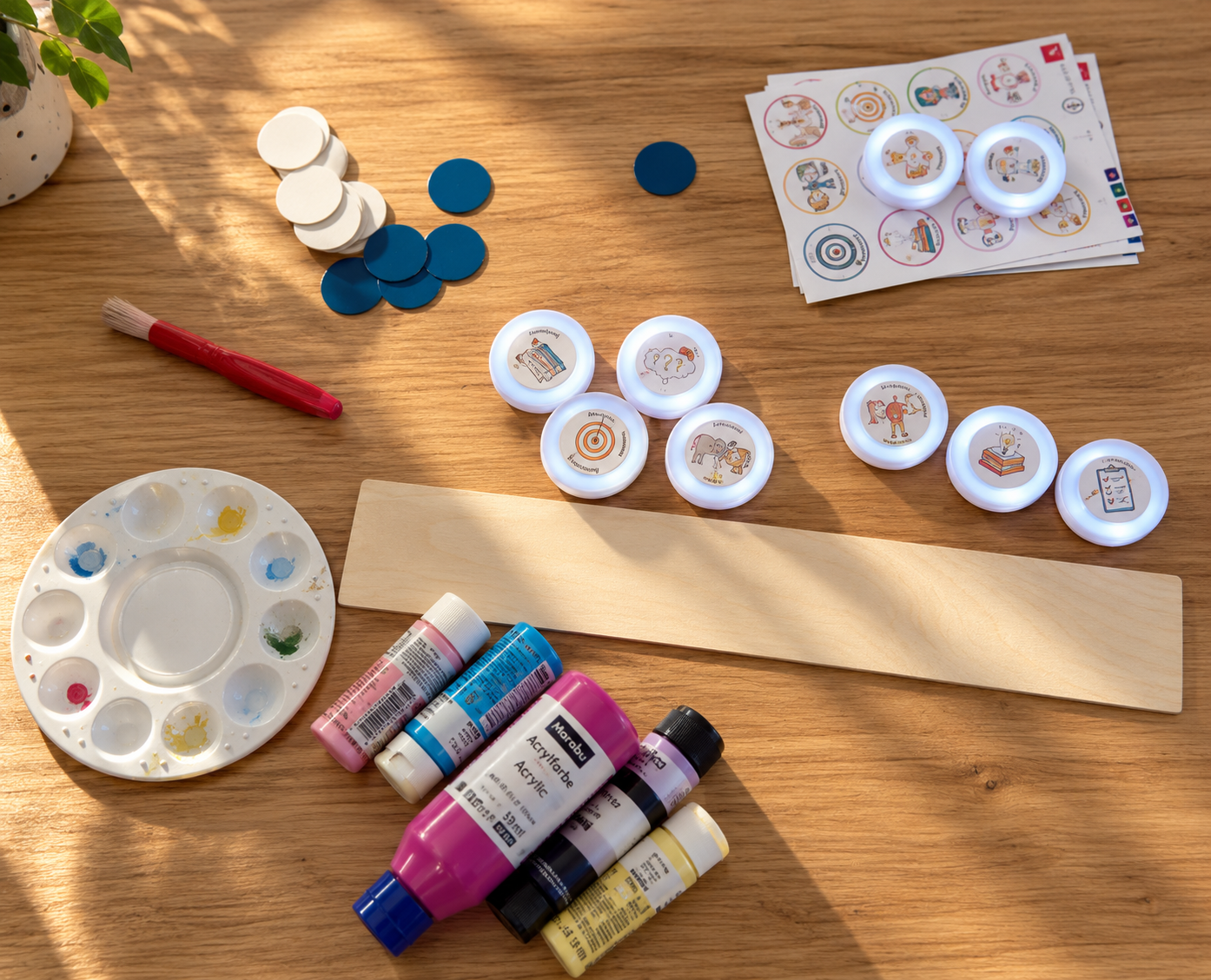 Bastelmaterial mit Pinseln, Farben und Leuchtknöpfen im FOKUS⁺ Coaching
