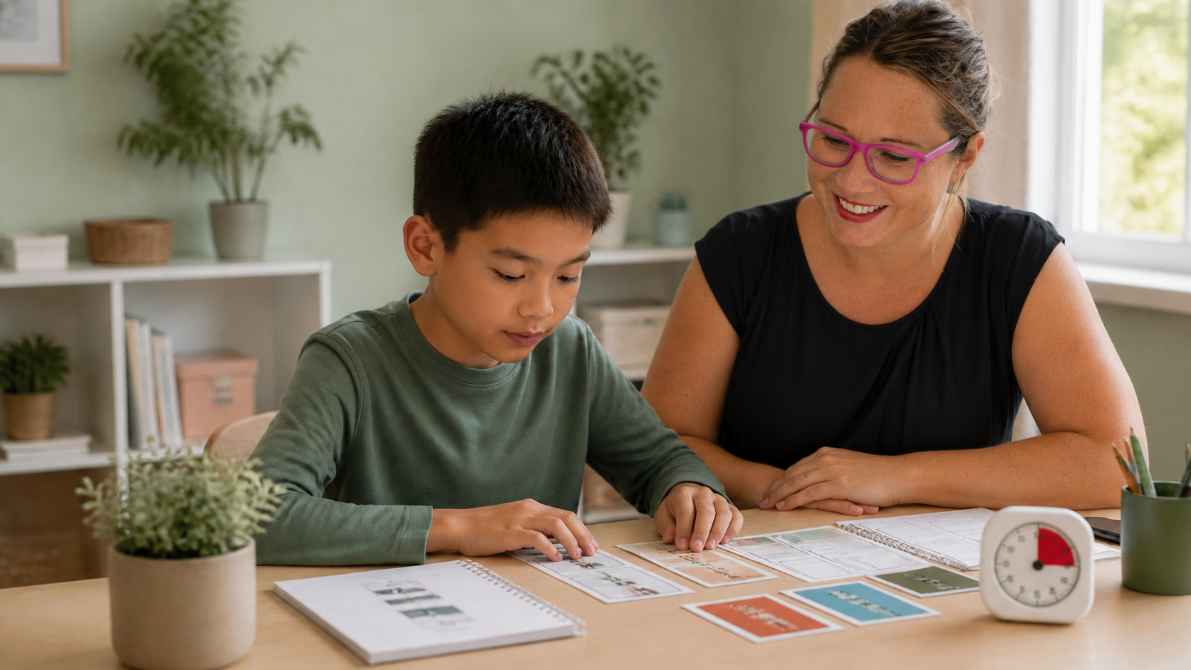 Kind und Coachs arbeiten gemeinsam am Tisch – Aufgabenkarten, Visualtimer und Planungsheft im FOKUS⁺ Coaching Horgen