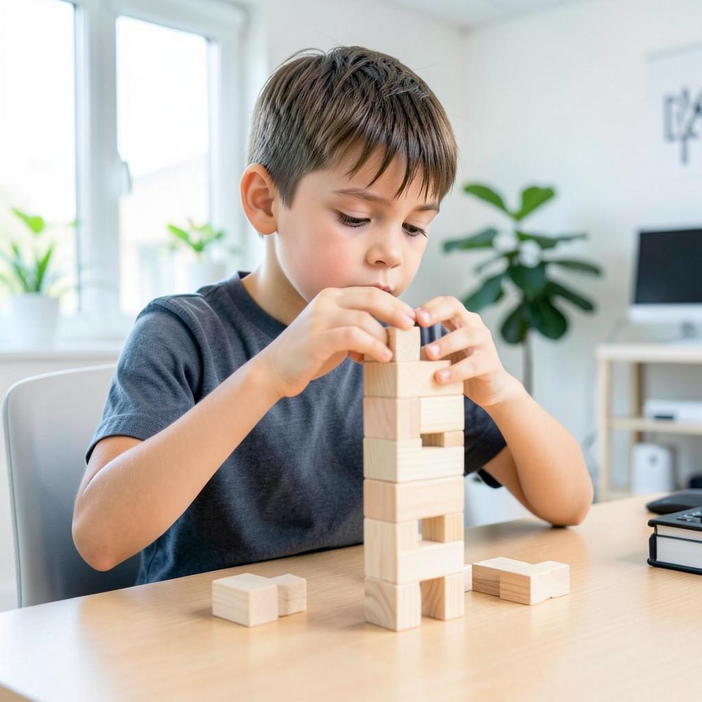 Junge baut konzentriert einen Holzturm